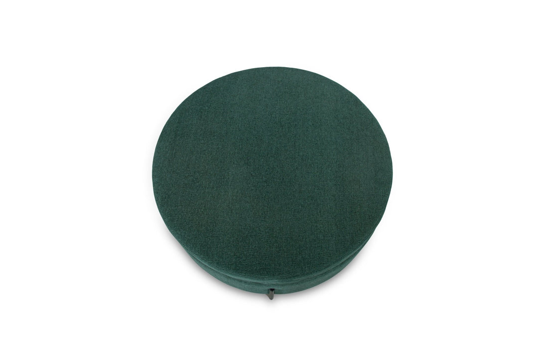 Fulton Round Storage Ottoman in emerald green — fabric and detail closeup — What&
