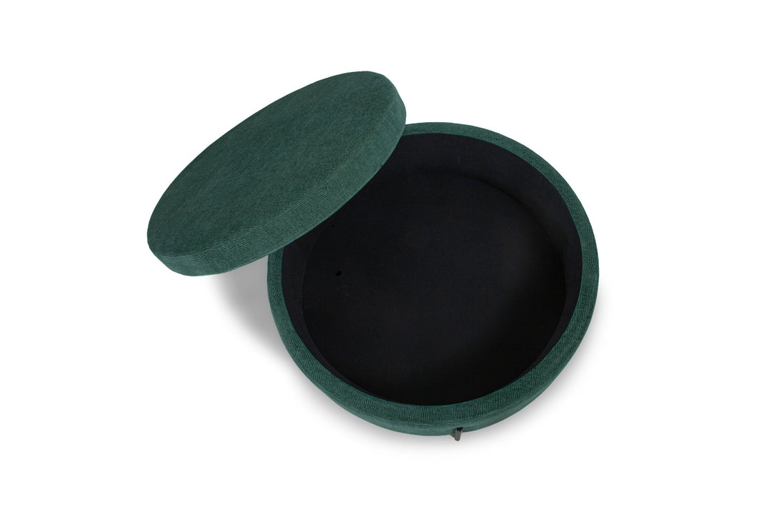 Fulton Round Storage Ottoman in emerald green — fabric and detail closeup — What&