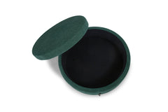 Fulton Round Storage Ottoman in emerald green — fabric and detail closeup — What&