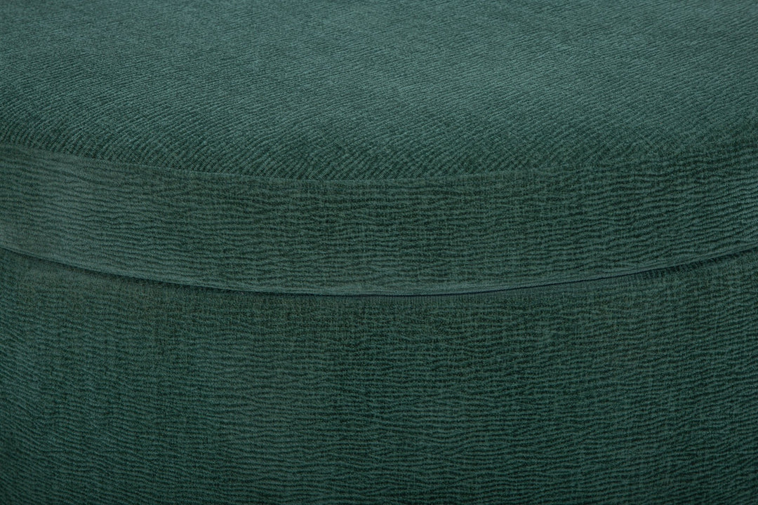 Fulton Round Storage Ottoman in emerald green — fabric and detail closeup — What&