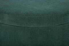 Fulton Round Storage Ottoman in emerald green — fabric and detail closeup — What&
