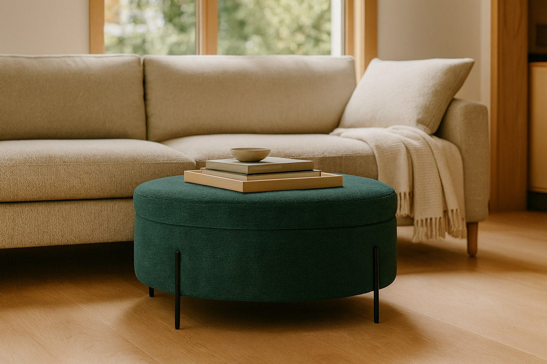 Fulton Round Storage Ottoman in emerald green styled as a soft coffee table in a Pacific Northwest living room — What&