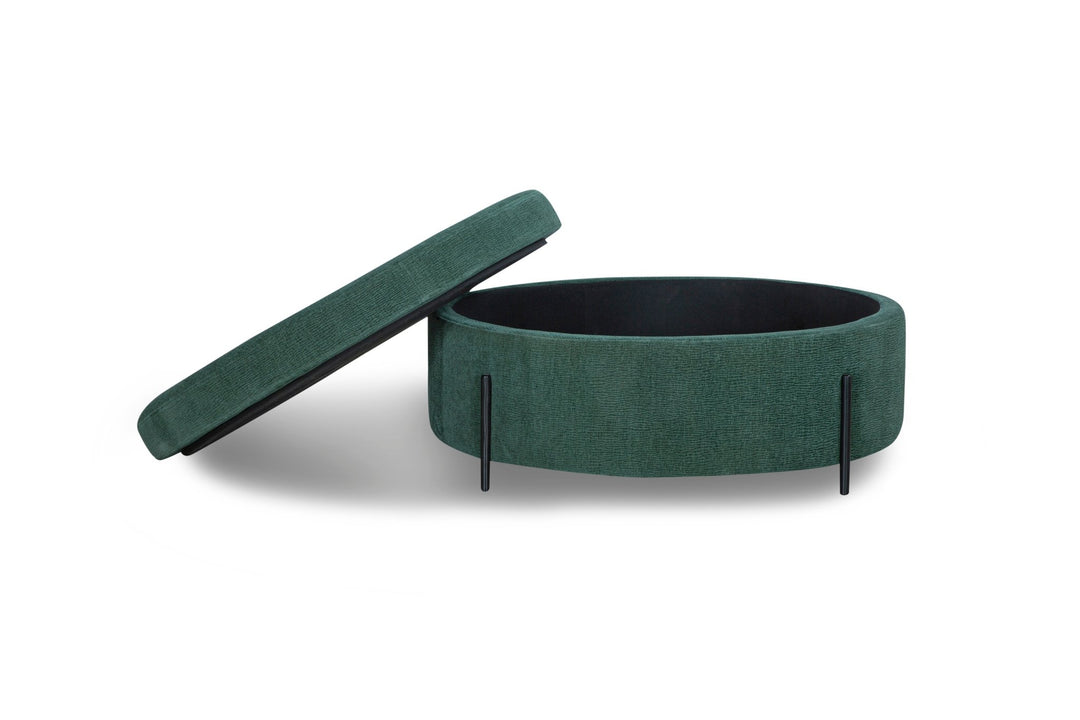 Fulton Round Storage Ottoman in emerald green — front view — What&