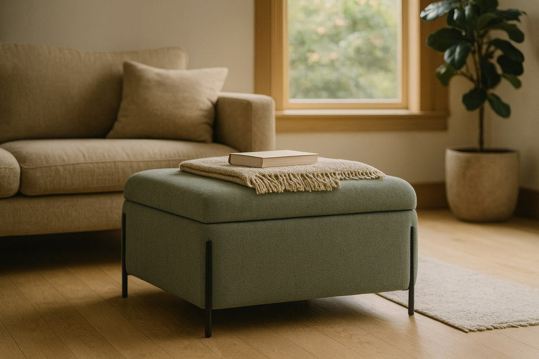 Fulton Square Storage Ottoman in sage green styled as a footstool in a Pacific Northwest living room — What&