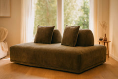 Garden Ottoman oversized olive green lounge daybed styled in a Pacific Northwest living room — What&