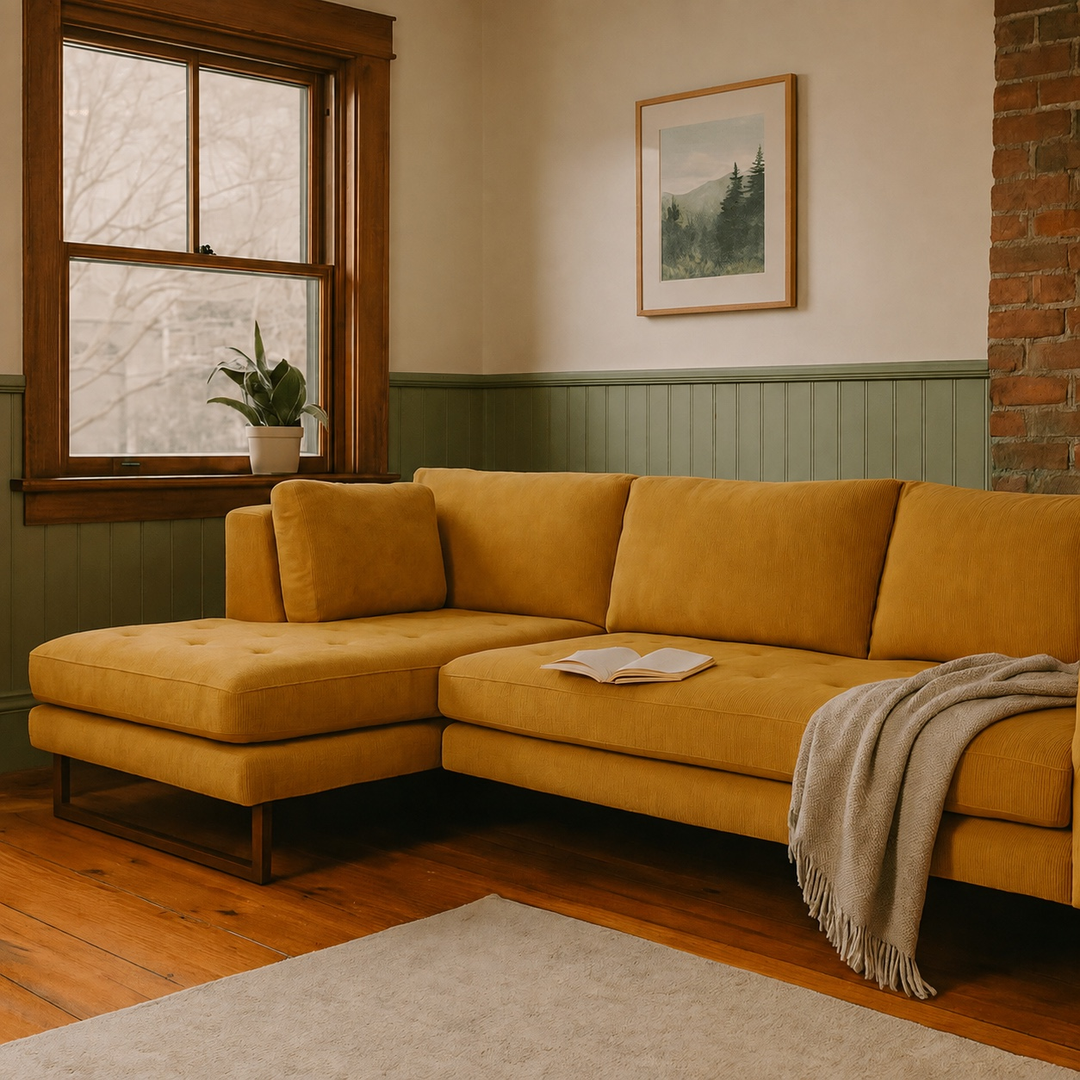Hawthorne Sectional in Dine Mustard LHF styled in a Portland living room - Whats New Furniture