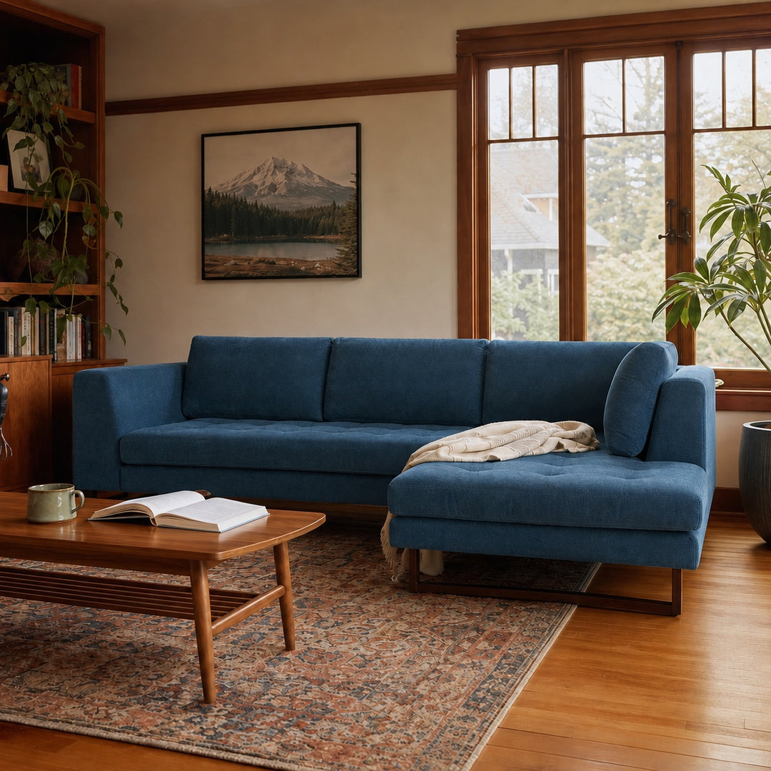 The Hawthorne Sectional in Moss Navy RHF styled in a Portland living room - Whats New Furniture