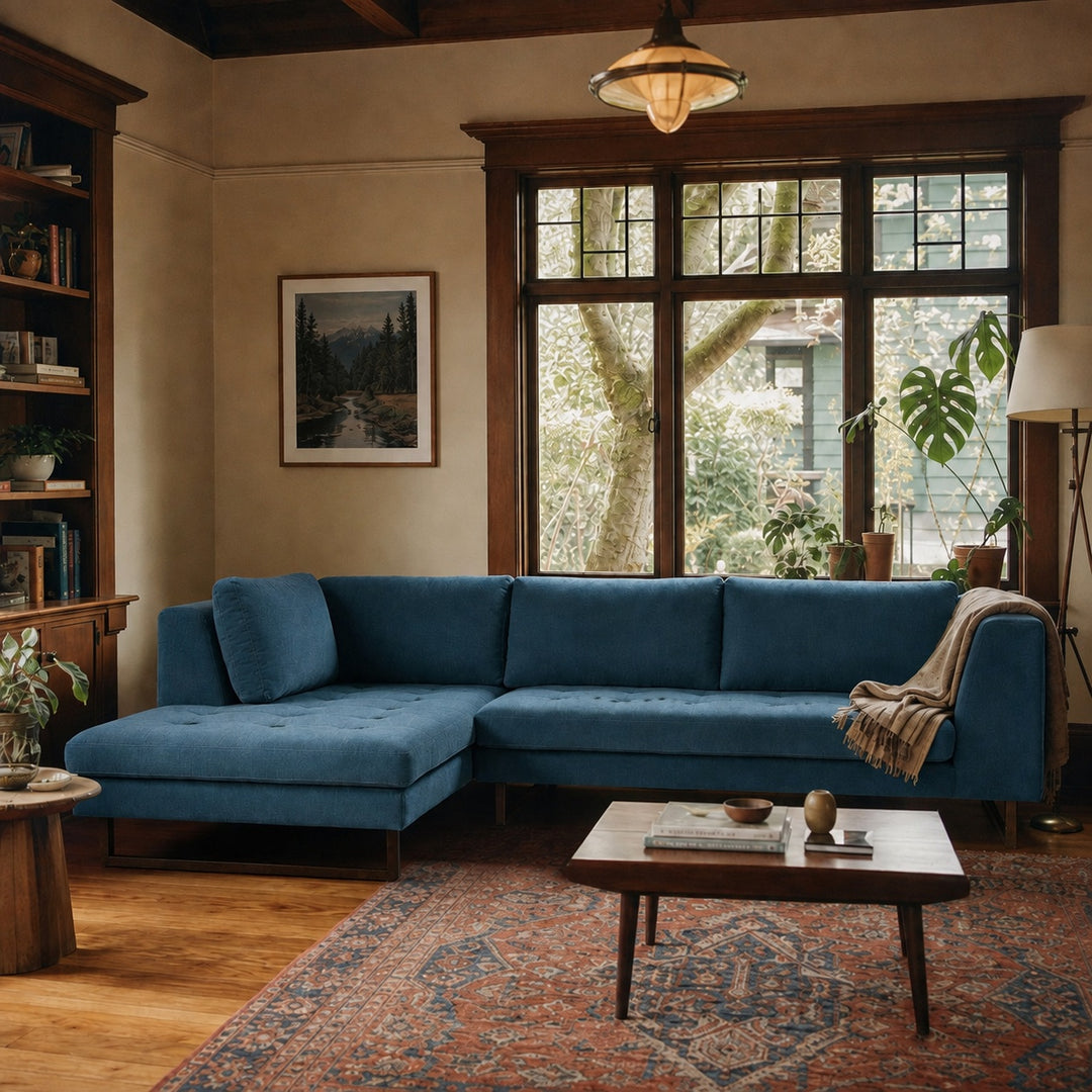 The Hawthorne Sectional in Moss Navy LHF styled in a Portland living room - Whats New Furniture