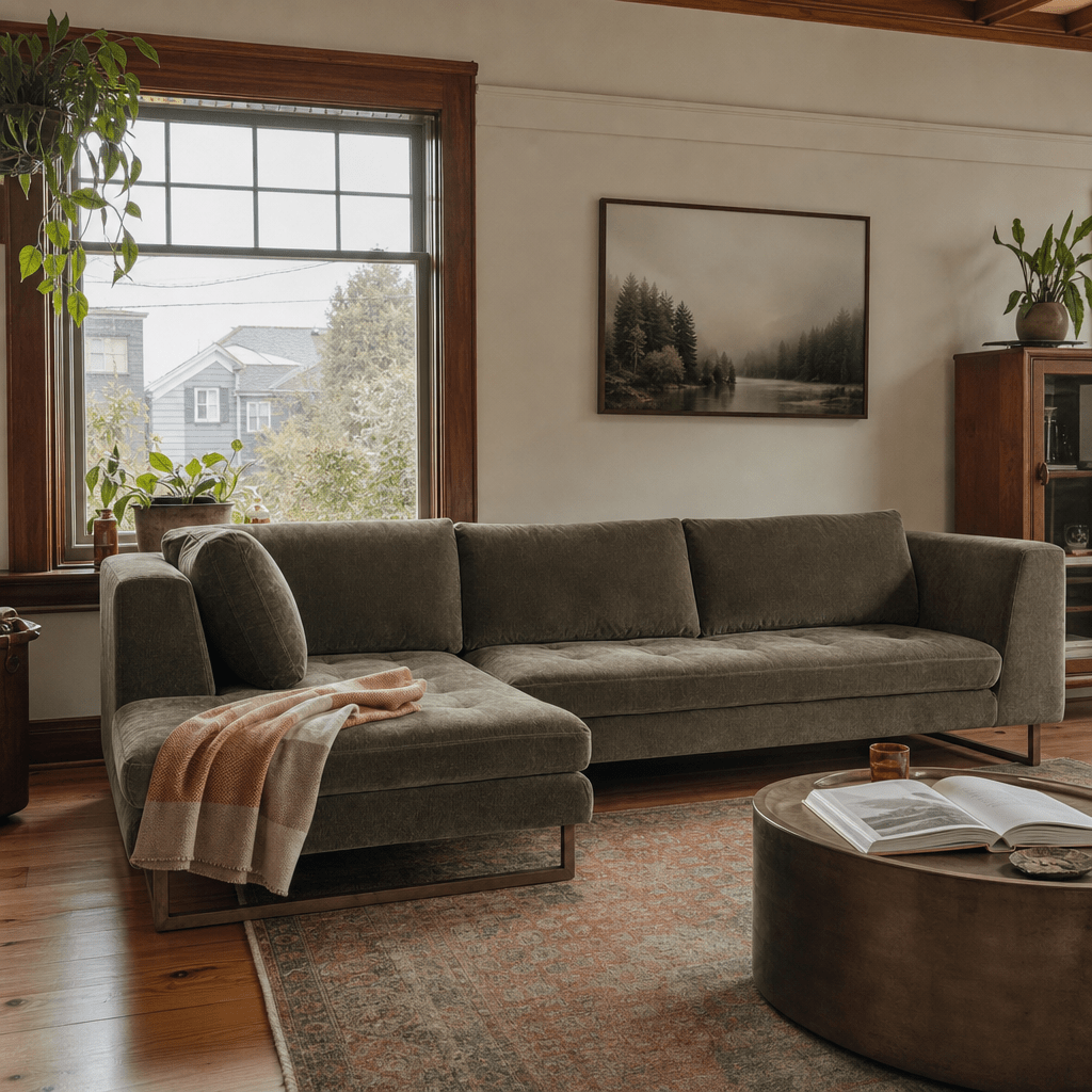 Hawthorne Sectional in Moss Olive Green LHF styled in a Portland living room - Whats New Furniture