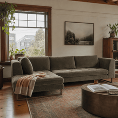 Hawthorne Sectional in Moss Olive Green LHF styled in a Portland living room - Whats New Furniture