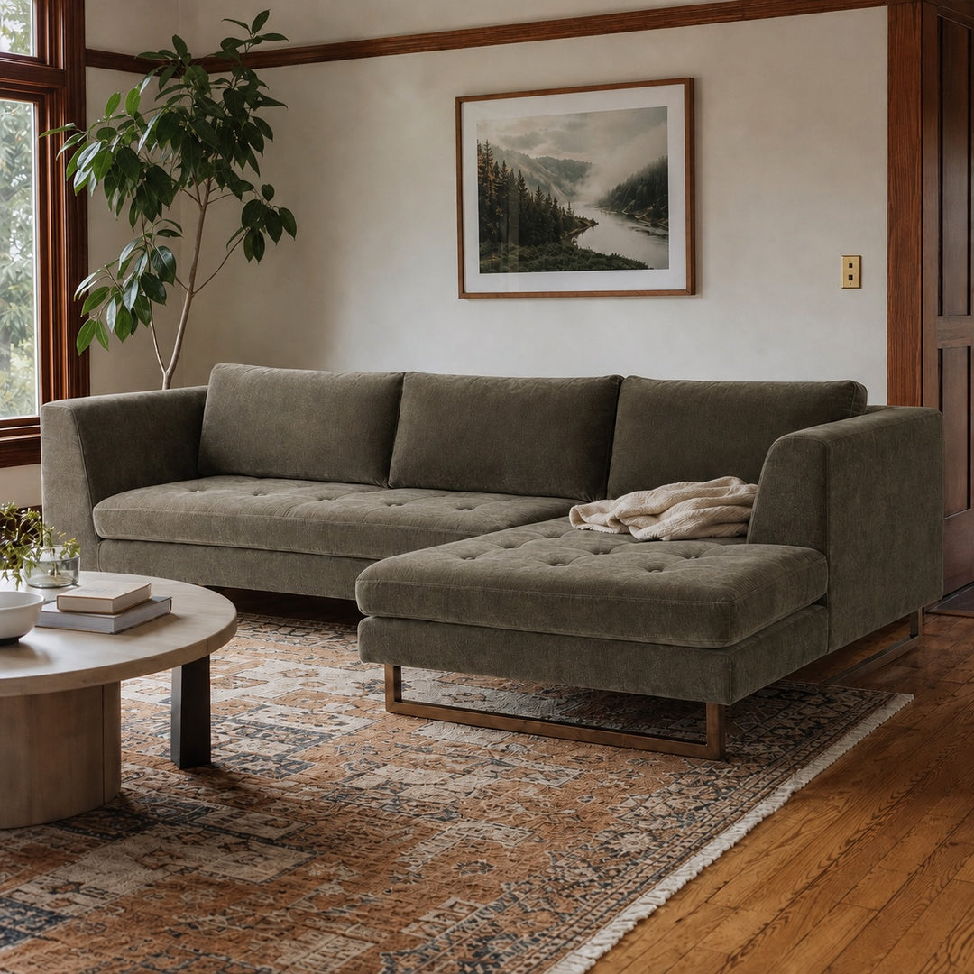 The Hawthorne Sectional in Moss Olive Green RHF styled in a Portland living room - Whats New Furniture