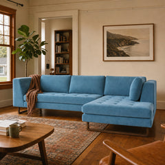 The Hawthorne Sectional in Moss Turquoise RHF styled in a Portland living room - Whats New Furniture