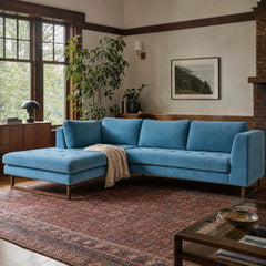The Hawthorne Sectional in Moss Turquoise LHF styled in a Portland living room - Whats New Furniture