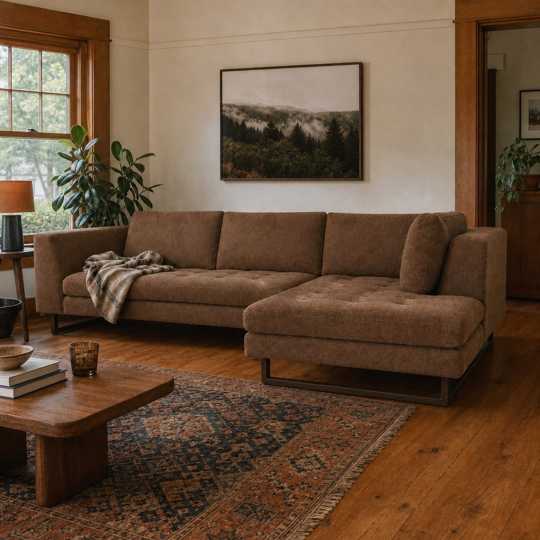 The Hawthorne Sectional in Ruby Walnut RHF styled in a Portland living room - Whats New Furniture
