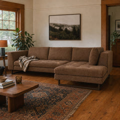 The Hawthorne Sectional in Ruby Walnut RHF styled in a Portland living room - Whats New Furniture