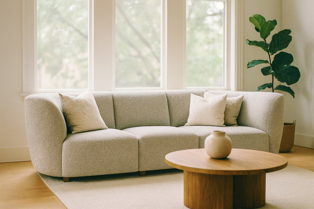 Hayden Modular Bouclé Sectional in Vista Champagne styled as a curved sectional in a Pacific Northwest living room — What&