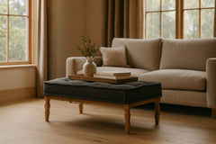 Lewis fabric-top coffee table with anthracite tufted top styled in a Pacific Northwest living room — What&