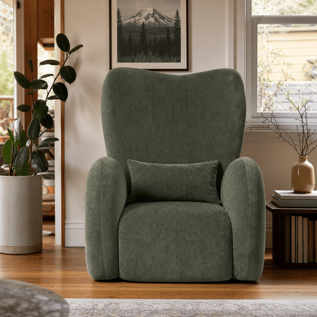 Victoria Accent Wing Chair in Canna Forest Green styled in a Portland home - Whats New Furniture