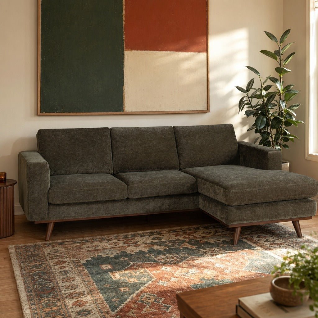 Glenwood Reversible Sectional styled in a bright mid-century modern Portland living room - Whats New Furniture