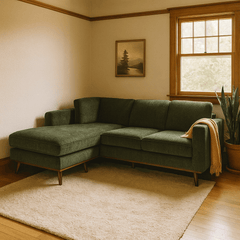 Glenwood Reversible Sectional in Moss Olive Green styled in a bright Portland mid-century modern living room - Whats New Furniture