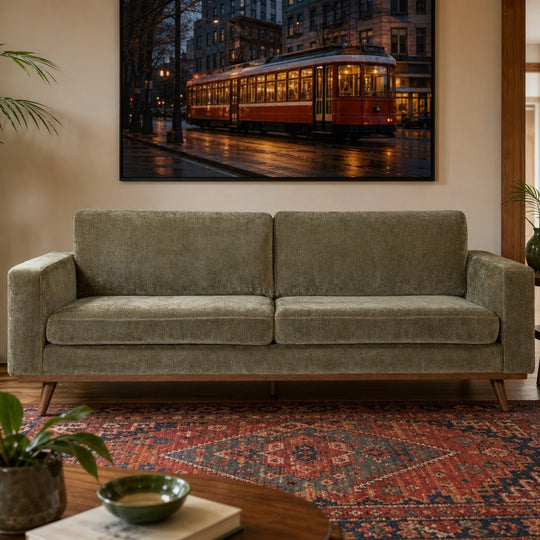 Glenwood Sofa styled in a bright mid-century modern Portland living room - Whats New Furniture