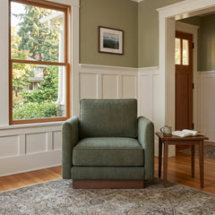 Highland Accent Chair in Canna Forest Green styled in Portland home - Whats New Furniture