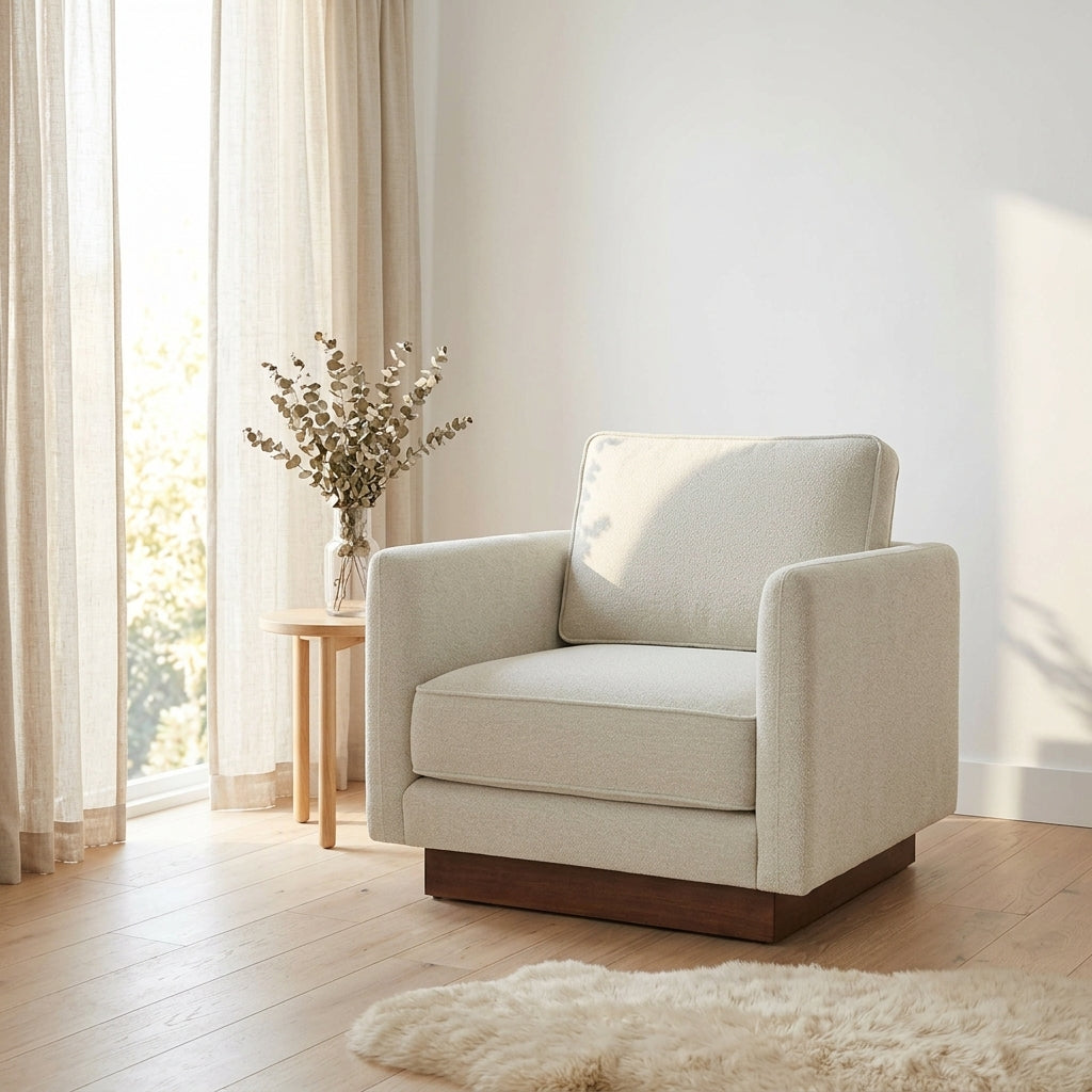 Highland Accent Chair in Vista Linen styled in Portland home - Whats New Furniture