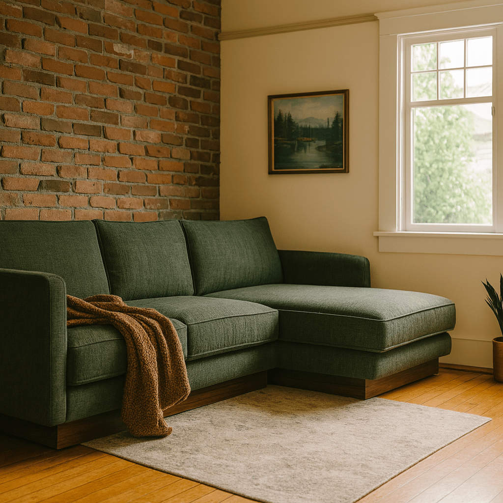Highland Sectional in Canna Forest Green styled in a bright Portland mid-century modern living room - Whats New Furniture
