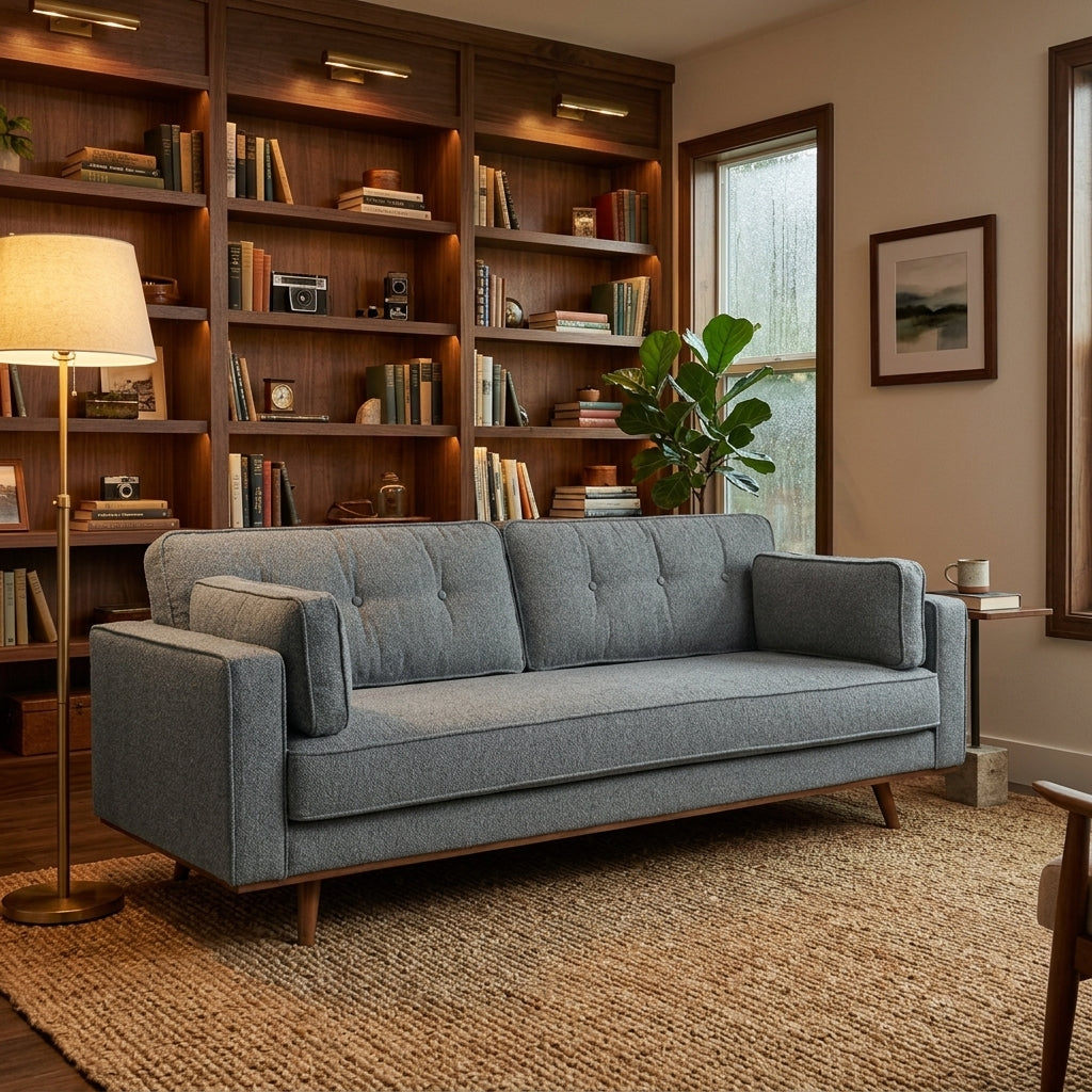 Irvington Sofa in Altro Warm Grey styled in Portland home - Whats New Furniture
