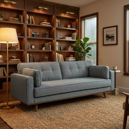 Irvington Sofa in Altro Warm Grey styled in Portland home - Whats New Furniture