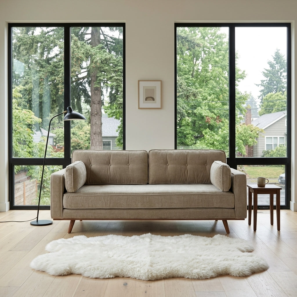 Irvington Sofa in Moss Latte styled in Portland home - Whats New Furniture