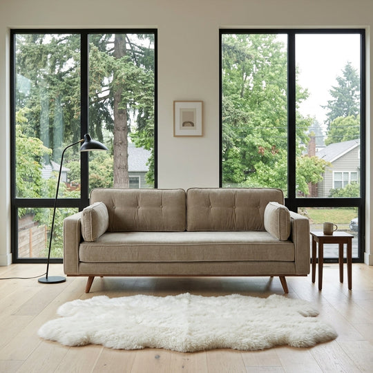 Irvington Sofa in Moss Latte styled in Portland home - Whats New Furniture
