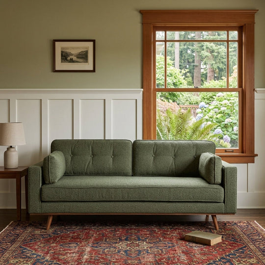 Irvington Sofa in Pasha Army styled in Portland home - Whats New Furniture