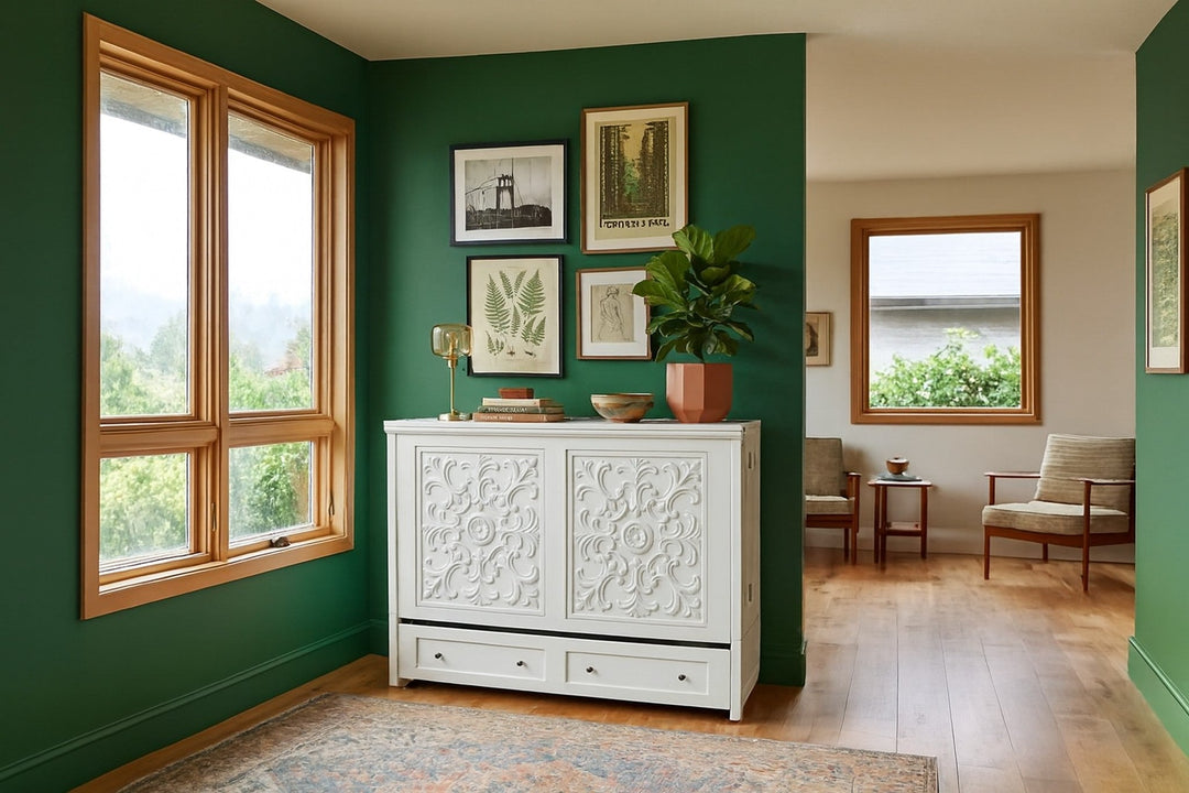 Artesian White Murphy cabinet bed in bright Portland mid-century modern room as a credenza - Whats New Furniture