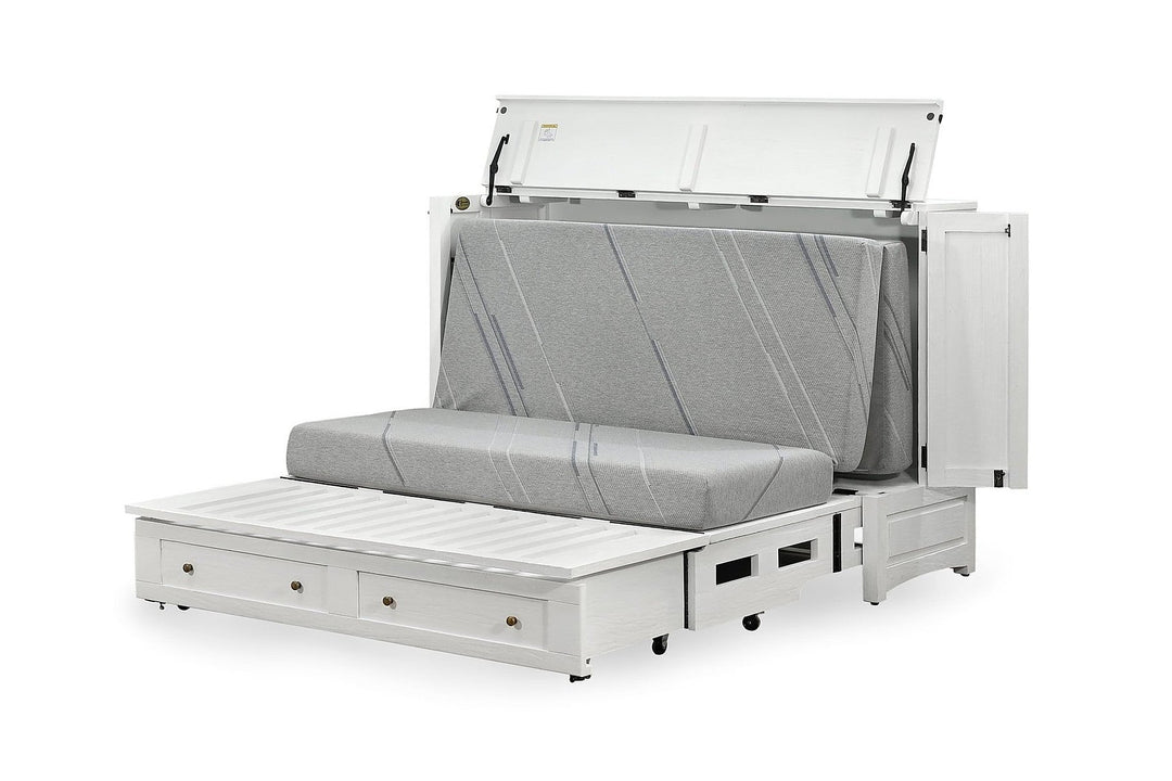 Murphy cabinet bed in Artesian White finish with the queen memory foam mattress deploying - solid mahogany with ornate hand-carved filigree doors, painted white finish - Whats New Furniture Portland OR