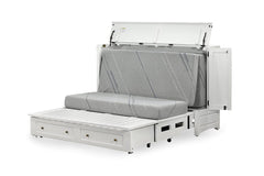 Murphy cabinet bed in Artesian White finish with the queen memory foam mattress deploying - solid mahogany with ornate hand-carved filigree doors, painted white finish - Whats New Furniture Portland OR
