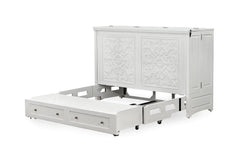 Murphy cabinet bed in Artesian White finish opening to reveal the queen bed frame - solid mahogany with ornate hand-carved filigree doors, painted white finish - Whats New Furniture Portland OR