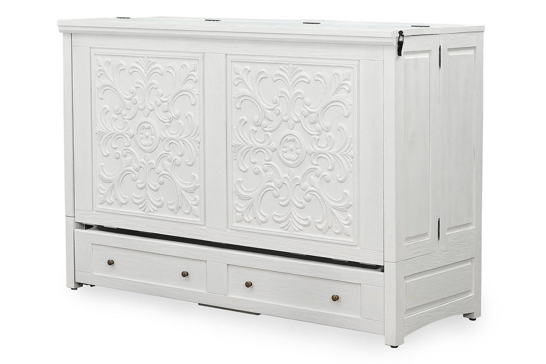 Murphy cabinet bed in Artesian White finish closed as a compact cabinet - solid mahogany with ornate hand-carved filigree doors, painted white finish - Whats New Furniture Portland OR