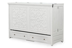 Murphy cabinet bed in Artesian White finish closed as a compact cabinet - solid mahogany with ornate hand-carved filigree doors, painted white finish - Whats New Furniture Portland OR