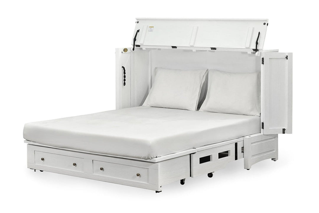Murphy cabinet bed in Artesian White finish fully open as a queen bed - solid mahogany with ornate hand-carved filigree doors, painted white finish - Whats New Furniture Portland OR