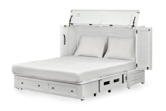 Murphy cabinet bed in Artesian White finish fully open as a queen bed - solid mahogany with ornate hand-carved filigree doors, painted white finish - Whats New Furniture Portland OR