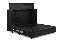 Murphy cabinet bed in Milan Black finish opening to reveal the queen bed frame - solid mahogany with diamond-pattern raised-panel doors, painted black finish - Whats New Furniture Portland OR