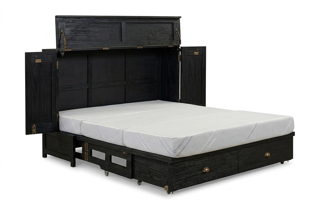 Murphy cabinet bed in Milan Black finish fully open with queen memory foam mattress - solid mahogany with diamond-pattern raised-panel doors, painted black finish - Whats New Furniture Portland OR