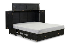 Murphy cabinet bed in Milan Black finish fully open with queen memory foam mattress - solid mahogany with diamond-pattern raised-panel doors, painted black finish - Whats New Furniture Portland OR