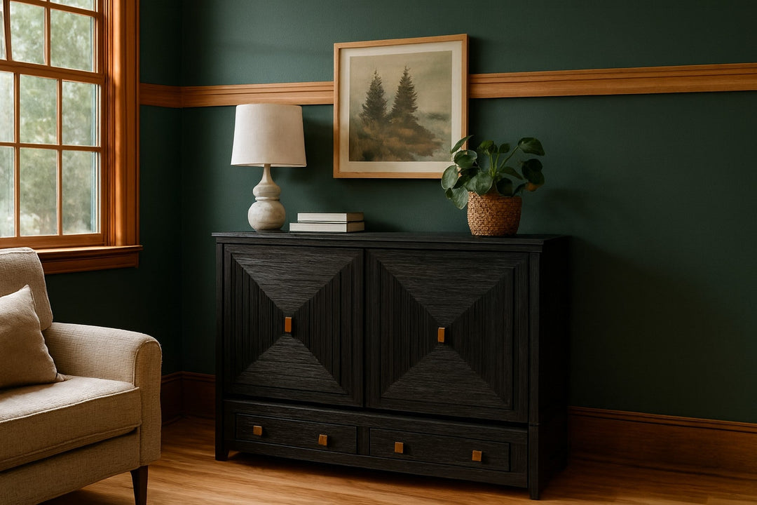 Murphy cabinet bed in Milan Black styled closed as a console in a bright Portland mid-century modern room - Whats New Furniture