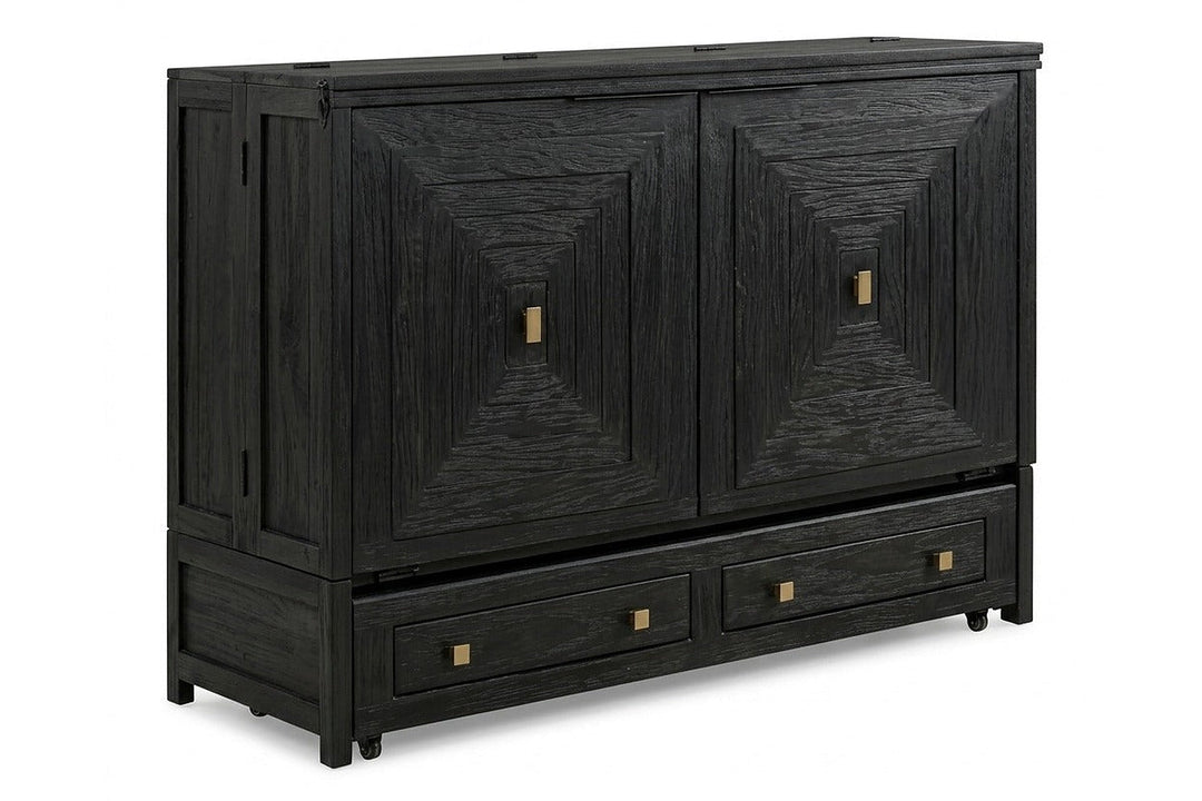 Murphy cabinet bed in Milan Black finish closed as a compact cabinet - solid mahogany with diamond-pattern raised-panel doors, painted black finish - Whats New Furniture Portland OR