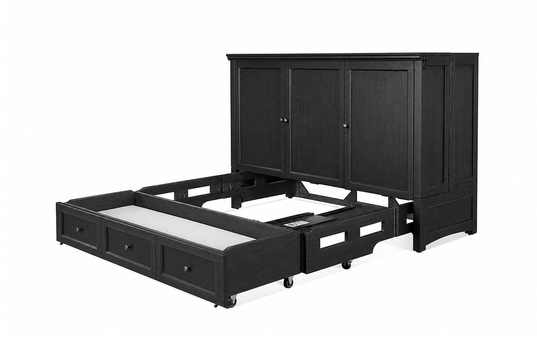 Murphy cabinet bed in New Traditions Black opening to reveal the queen bed frame - charcoal-black shaker cabinet bed by Whats New Furniture Portland