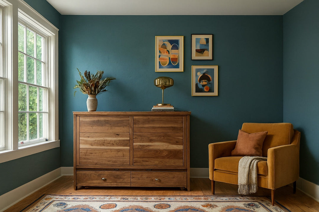 Murphy cabinet bed in black walnut styled as a credenza in a bright Portland mid-century modern room - Whats New Furniture
