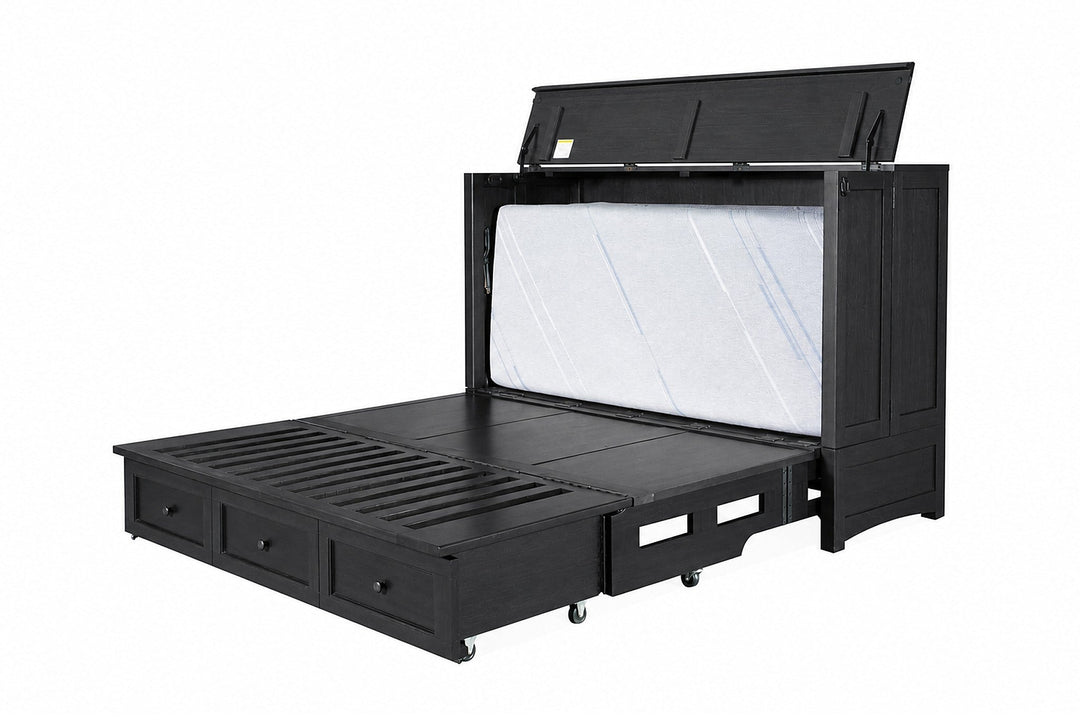 Murphy cabinet bed in New Traditions Black with the queen memory foam mattress deploying - charcoal-black shaker Murphy bed, Whats New Furniture Portland