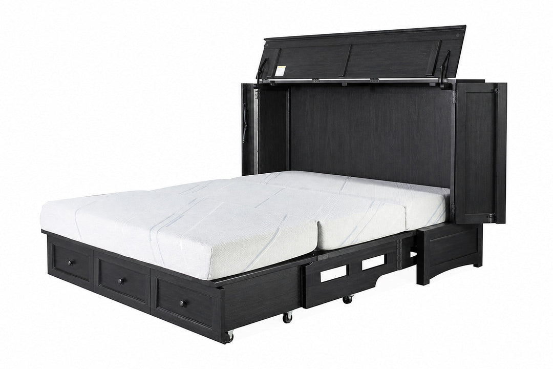 Murphy cabinet bed in New Traditions Black fully open with queen memory foam mattress - charcoal-black shaker finish, Whats New Furniture Portland